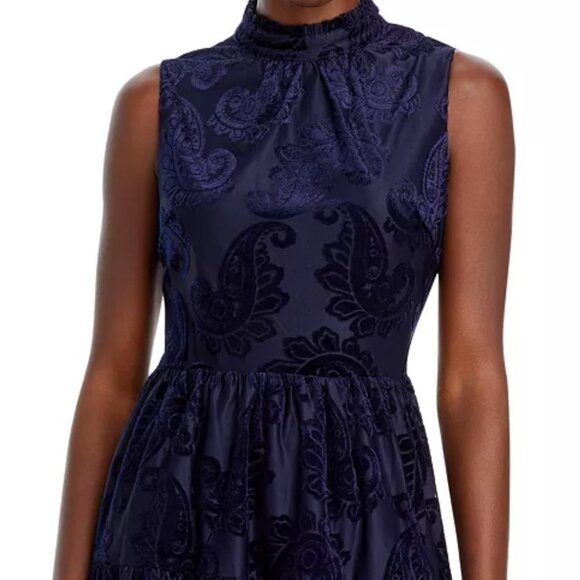 NWT Aqua Navy Blue Velvet Burnout Mini Dress High Neck A-Line Formal Dress Large - Picture 2 of 6